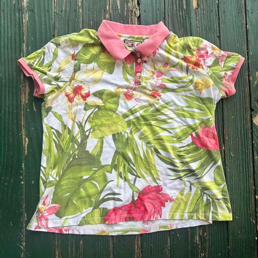 Caribbean Joe Floral pink and green polo shirt polo